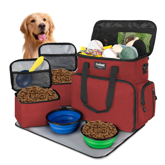 Dog Travel Bag Airline Approved–Pet Travel Tote with Collapsible Bowls,Food Containers & Feeding Mat–Multi-Pocket Organizer for Dogs & Cats, Durable & Water-Resistant for Hiking,Trips,Outdoors